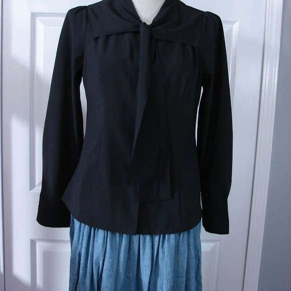 Black 2XL Button Front Shoulder Overlay Tie Business Everyday Classic L/S Blouse - Picture 2 of 11